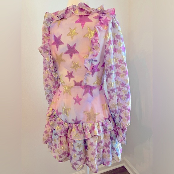 LoveShackFancy - Findlay Long Sleeve Ruffle Wrap Mini Dress Purple Metallic Star - Picture 4 of 12